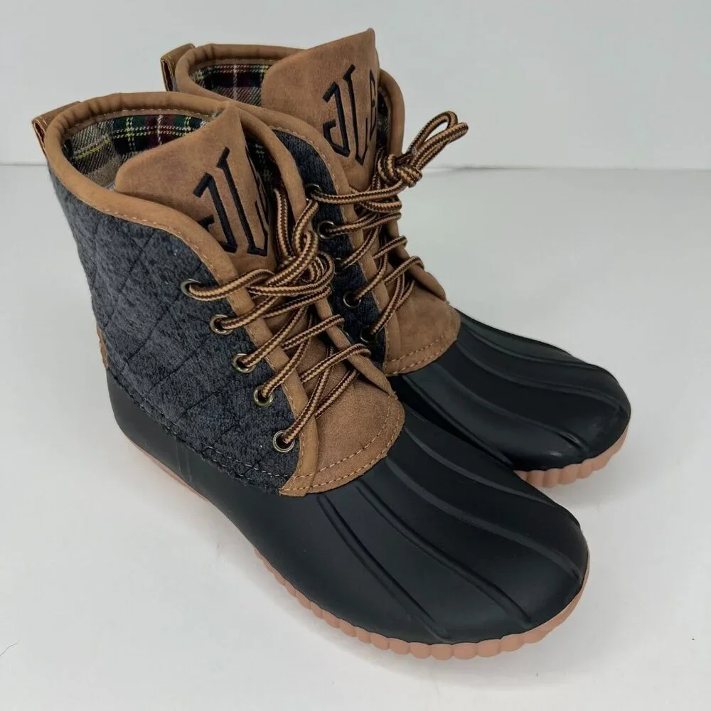 Marleylilly Womens Monogrammed JLE Brown Black Gray Size 6 Duck Boots